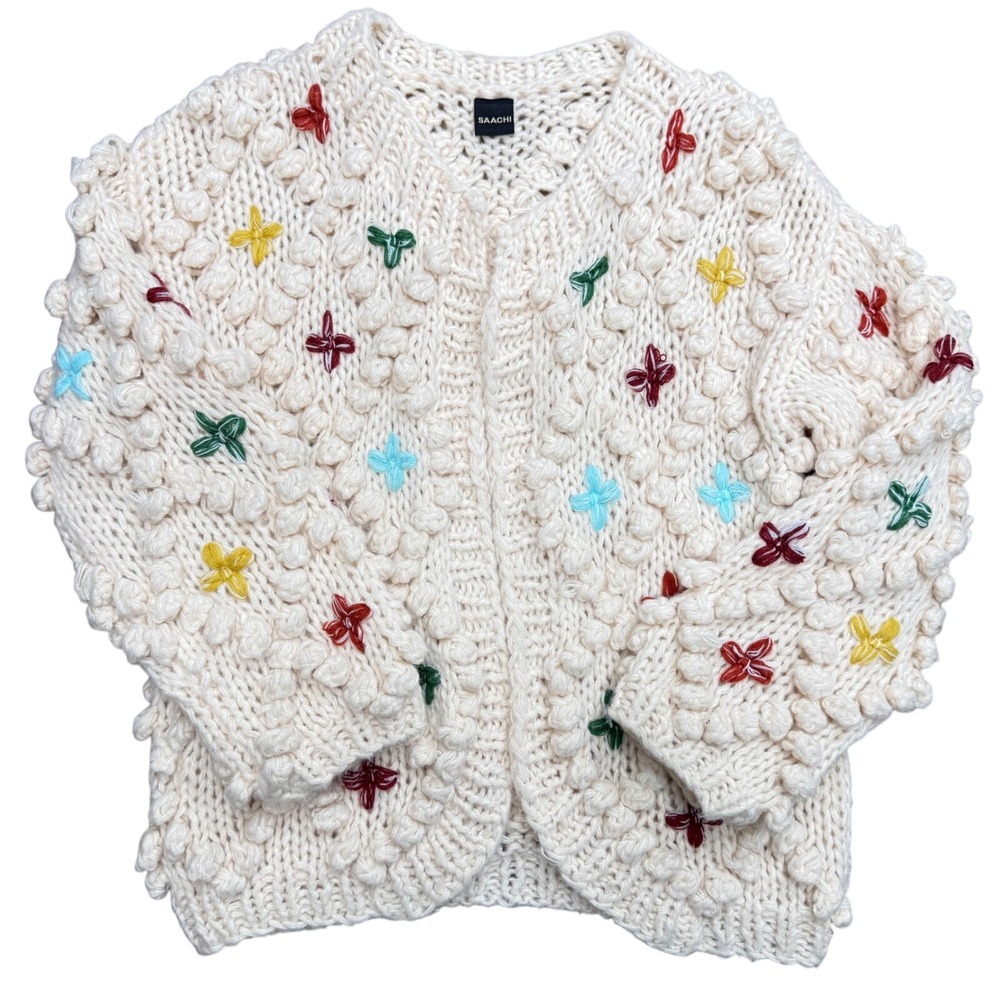 SAACHI Aria Popcorn Knit Chunky Cardigan Size L Cross Stitch Pom Pom Flowers - Picture 12 of 12